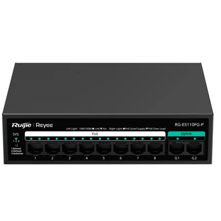 Reyee - 8-Port 10/100Mbps PoE+ Switch + 2 Gigabit Ports RG-ES110FG-P