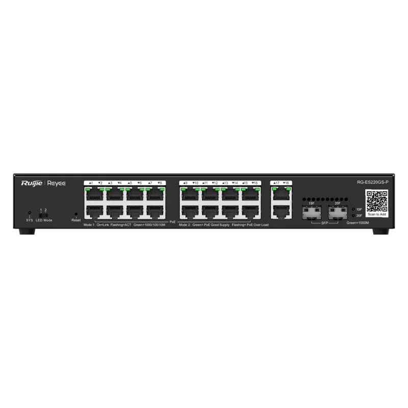 Reyee - Switch Gigabit gestibile a 18 porte + 2 SFP + 16 porte PoE+ 250W RG-ES220GS-P