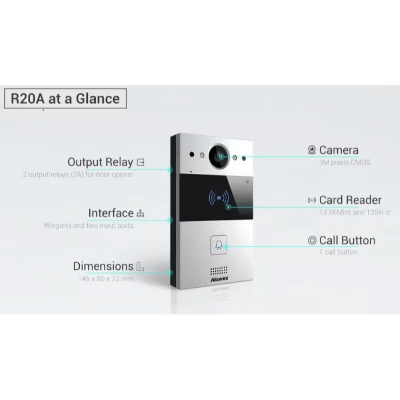 Akuvox - Compact video doorphone IP R20A - 1 doorbell with RFID badge reader, surface mounting - 5-year warranty