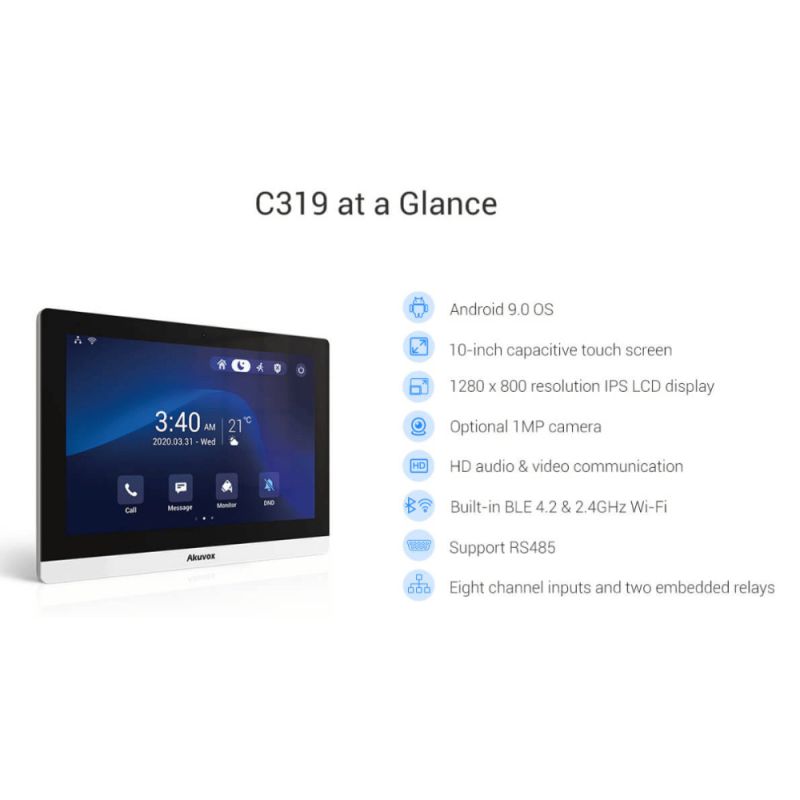 Akuvox - Console intérieure SIP avec écran tactile 10", Wifi, Bluetooth, Android 9.0 (Akuvox C319A)