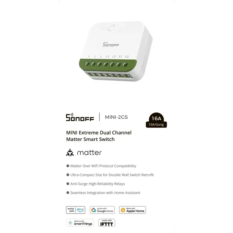 SONOFF MINI-2GS MINI DUO - Interruttore connesso doppio canale Matter Wi-Fi 16A