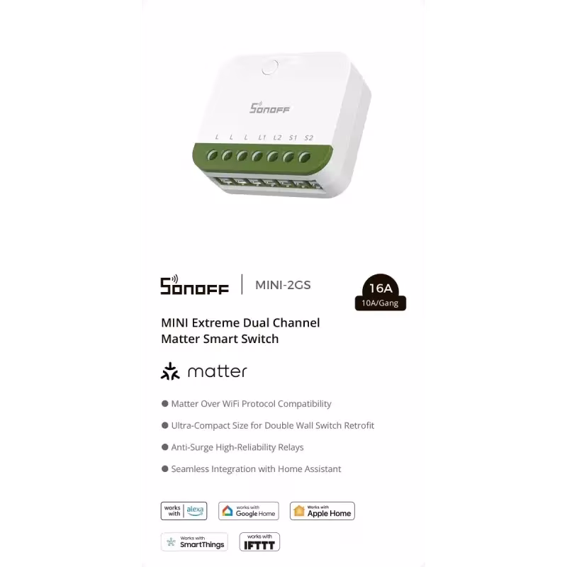 SONOFF MINI-2GS MINI DUO - Matter Wi-Fi Dual Channel Smart Switch 16A