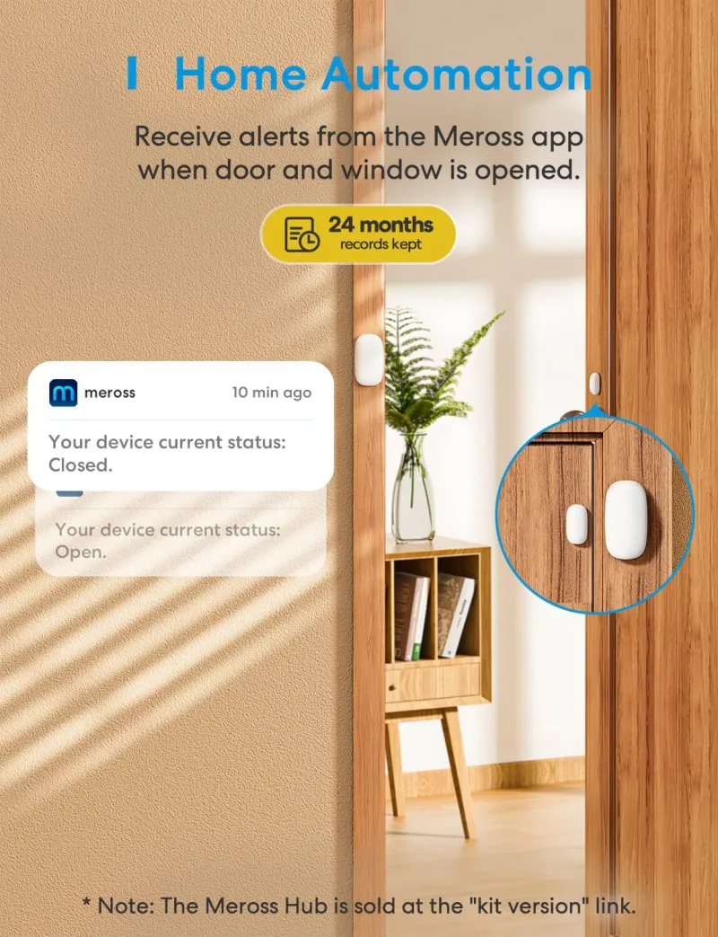 Meross - Capteur d'ouverture de porte/fenêtre intelligent Wi-Fi, MS200HK