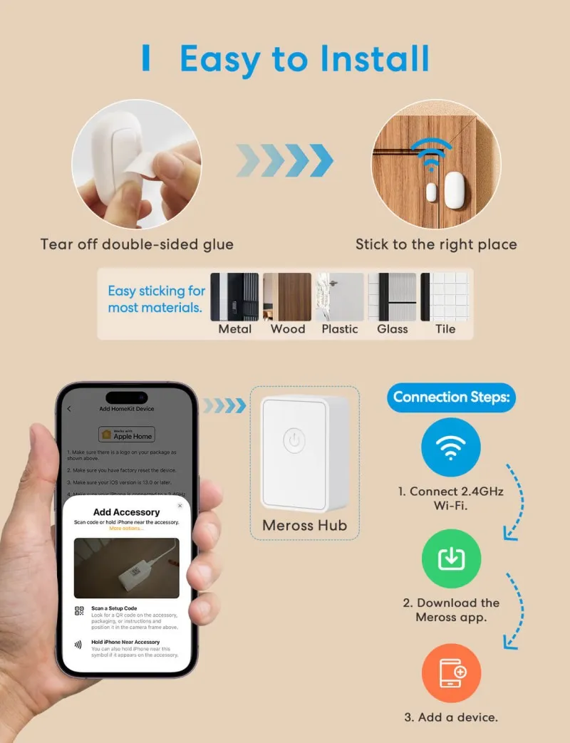 Meross - Capteur d'ouverture de porte/fenêtre intelligent Wi-Fi, MS200HK